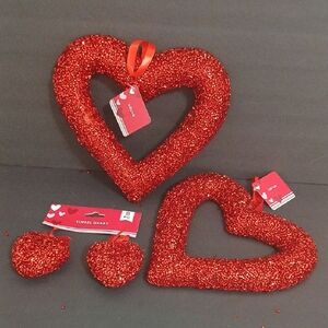 Red Tinsel Glitter Valentines Heart Wall Decor Set 4 Pcs NEW